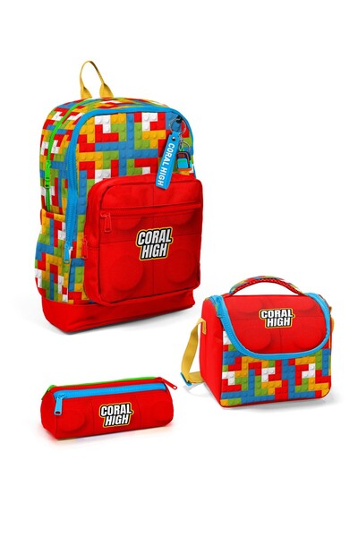 Coral High Kids Color Block Patterned 3-Piece School Bag Set Set0123775