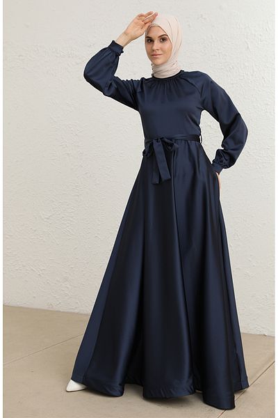 sefamerve Βραδινό φόρεμα Navy Blue Satin με φύλλο, Μοντέλο 5758-01