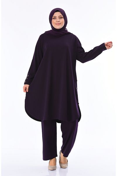sefamerve Plus Size Plum Tunic and Trousers Set of Two - Button Detail 2655-06