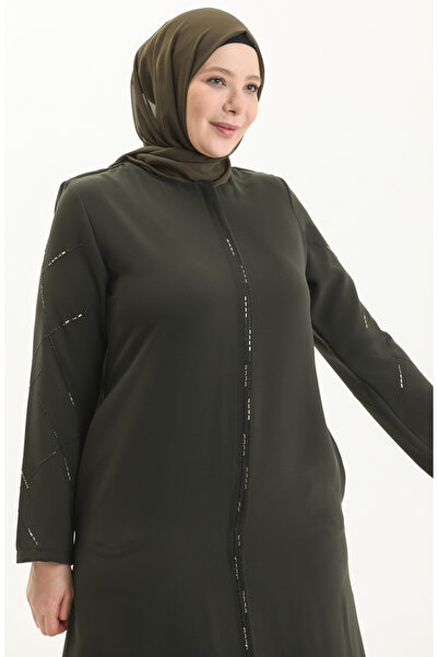 sefamerve Khaki Large Size Stone Printed Ferace 5045-04