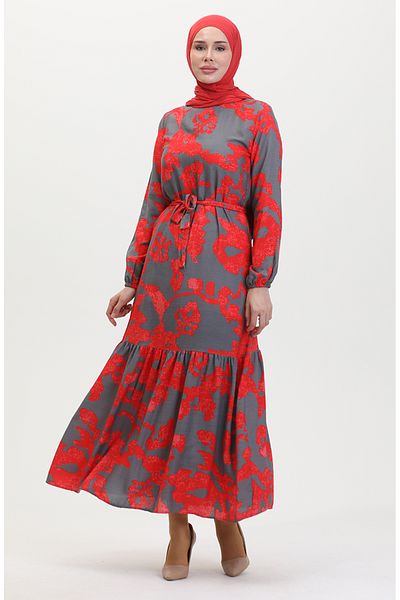 sefamerve Anthrazitrotes, gemustertes Kleid mit gerafftem Saum – 0451-05