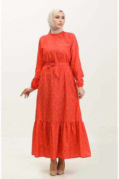 sefamerve Coral Colored Floral Patterned Fair Crepe Dress - 0347-06