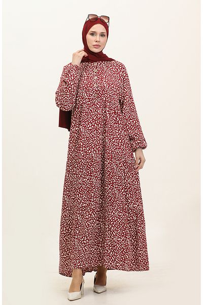 sefamerve Φόρεμα βισκόζης με μπορντό σχέδιο Plus Size - 4086-01