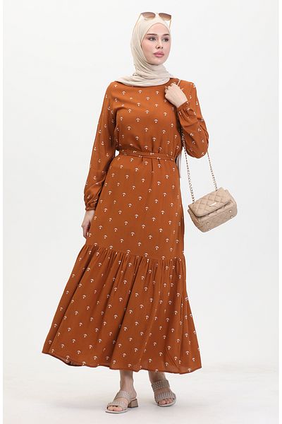 sefamerve Φόρεμα Tan Anchor Print and Sash - 0461-01