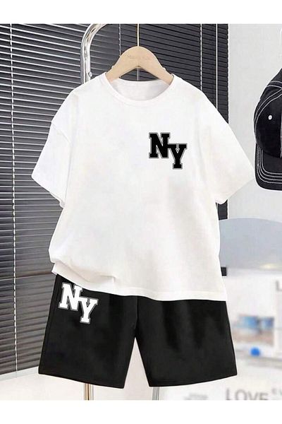 vinraus Girl\Boy White-Black Ny Ny Printed Combed Cotton Shorts-Tshirt Set