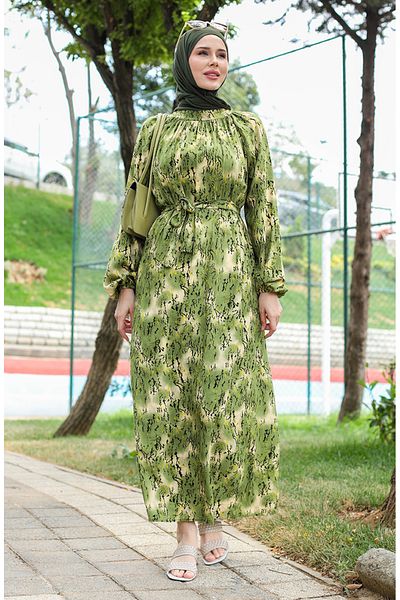 sefamerve Light Khaki Green Patterned Belted Dress - 0454-03