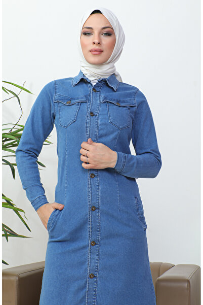 sefamerve Uzun Kot Ceket 36001-01 Kot Mavi