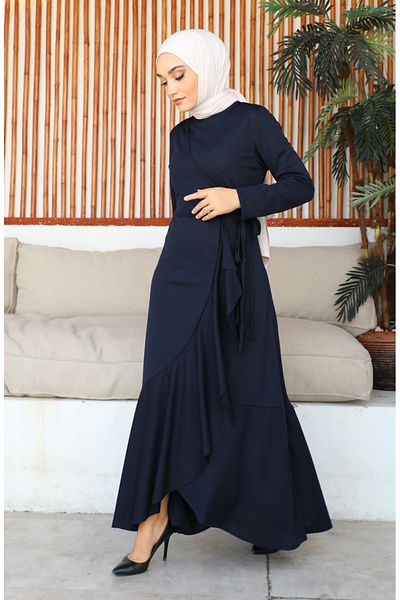 sefamerve Φόρεμα Navy Blue Flounced Side Tie - 1907-01