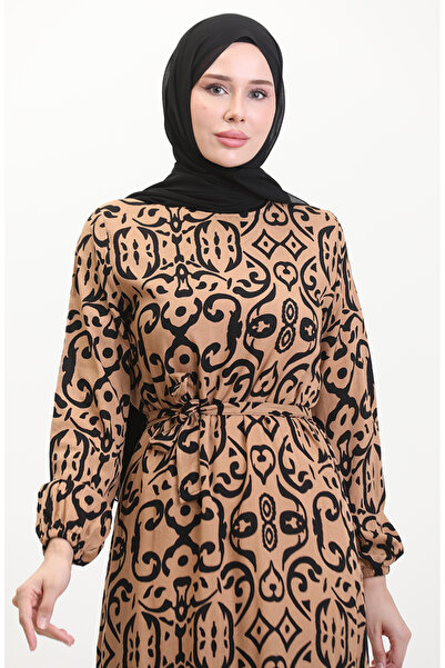 sefamerve Φόρεμα με μοτίβο από βισκόζη - 0469-05 Milk Coffee