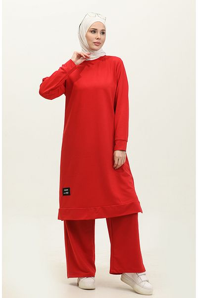 sefamerve Red Two-String Tunic and Trousers Set - 0044-18
