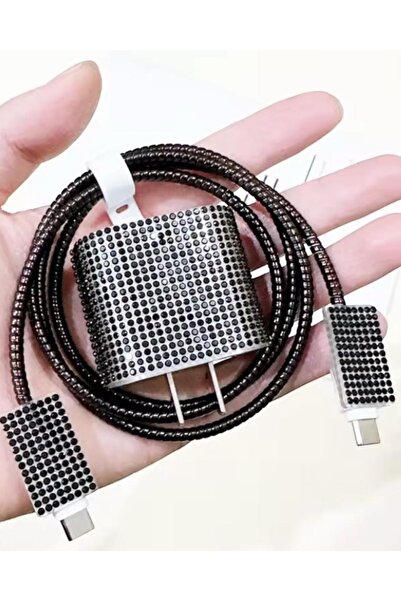 POWELL 18/20w adaptör ve kablo için siyah boncuk taşlar şarj aleti kılıf seti