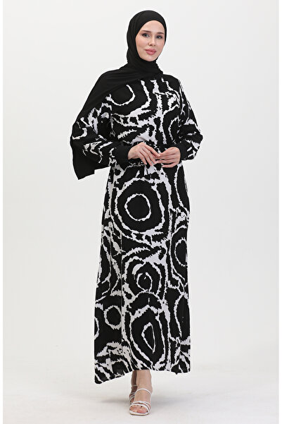 sefamerve Viscose Belted Rib Detailed Black and White Dress - 0447-01