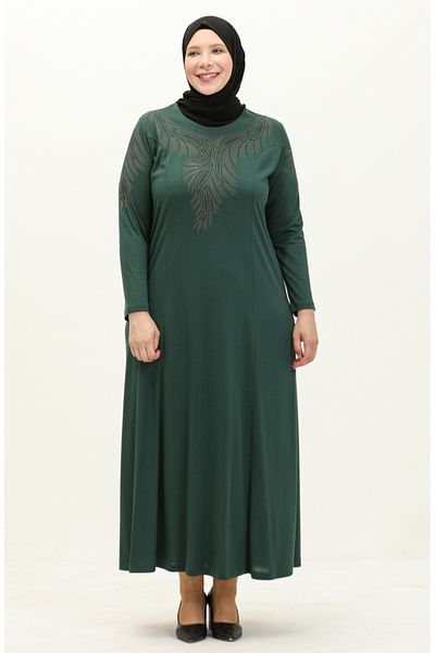 sefamerve Emerald Green Stone Printed Plus Size Φόρεμα - 4946-07