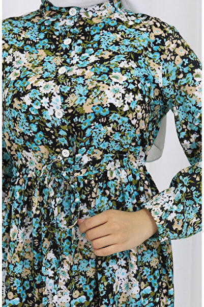 sefamerve Ανοιξιάτικο φόρεμα με μισό κουμπί με λουλούδια τιρκουάζ - 0361-01