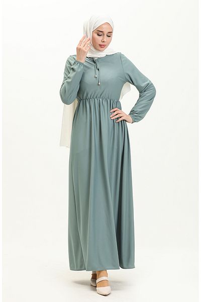 sefamerve Grünes Kleid mit geraffter Taille - 0575-07