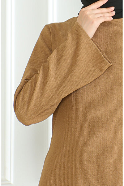 sefamerve Milk Coffee Plain Sports Dress - Bürümcük Fabric 1003-02