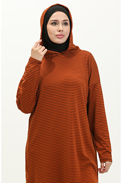sefamerve Kapüşonlu Çizgili Tunik 8662-01 Taba Siyah