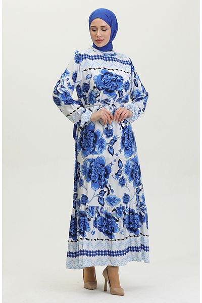 sefamerve Saks Colorful Viscose Large Floral Pattern - Φόρεμα με ζώνη 0386-03