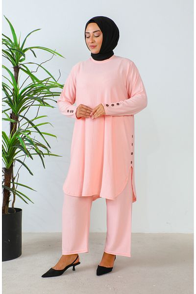 sefamerve Set de tunică și pantaloni cu strasuri de mărime mare - 2658-03 Pulbere