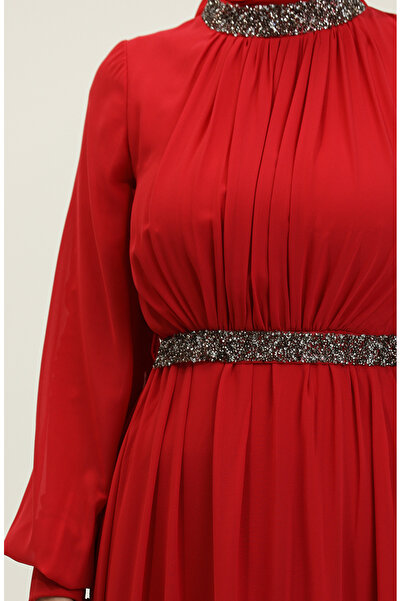 sefamerve Taşlı Pileli Abiye Elbise 5339A-03 Bordo