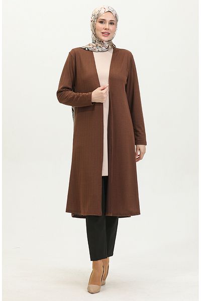 sefamerve 8727-05 Model Plain Draped Brown Long Cardigan