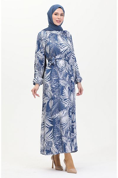 sefamerve Φόρεμα με ζωσμένο σχέδιο βισκόζης - Indigo White 0485-02
