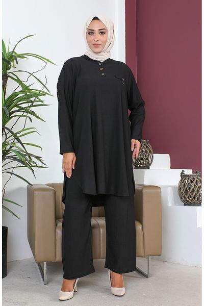 sefamerve Μαύρο Plus Size Σετ τουνίκ και παντελόνι - 2691-03