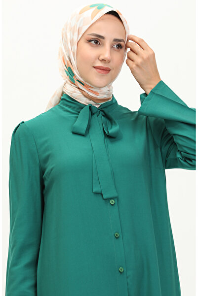 sefamerve Kravat Yaka Düğmeli Elbise 5111-06 Zümrüt Yeşili