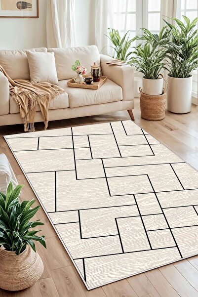df home Salon Halısı Geometrik İskandinav Eskitmeli Dijital Baskı Yıkanabilir...