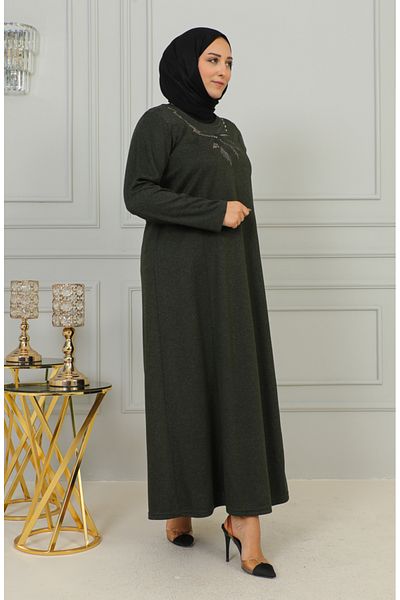 sefamerve Πλεκτό Φόρεμα Χακί Κέντημα Plus Size - 4878-03