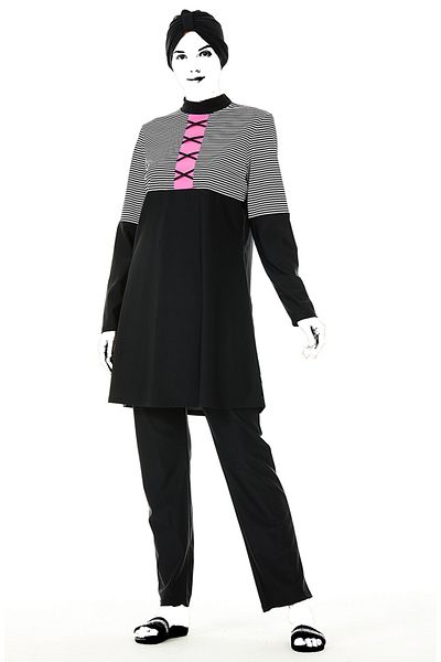 sefamerve Μαύρο ριγέ Hijab μαγιό - 02156A-01