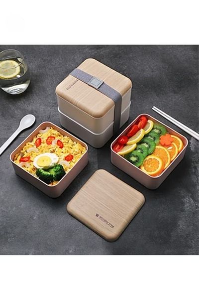 COOYA Square Lunch Box Double Layer Wooden Lunch Box with Tableware Adult Student Lunch Box 1.4l Pink