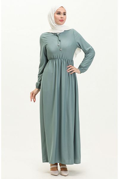 sefamerve Grünes Kleid mit geraffter Taille - 0575-07