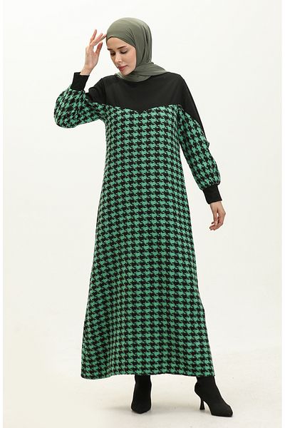 sefamerve Μαύρο Πράσινο Φόρεμα Houndstooth Print - 0183-05
