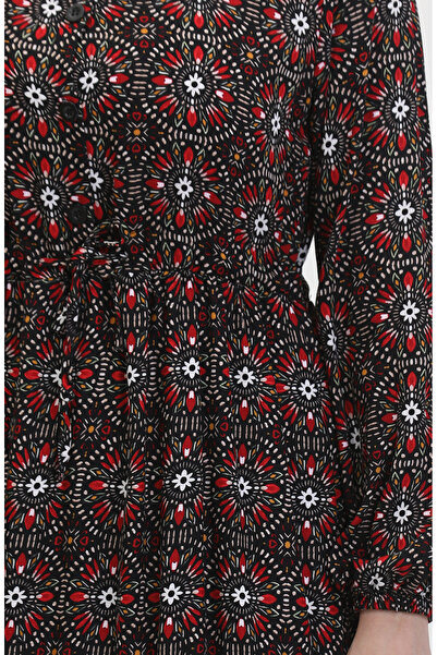 sefamerve Viscose Patterned Black Red Dress - 0441-01 Buttoned