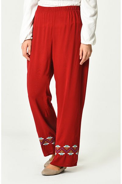 sefamerve Viscose Embroidered Trousers 8080-02 Claret Red