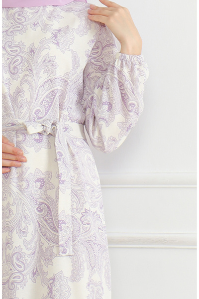 sefamerve Desenli Kuşaklı Keten Elbise 0471C-02 Lila