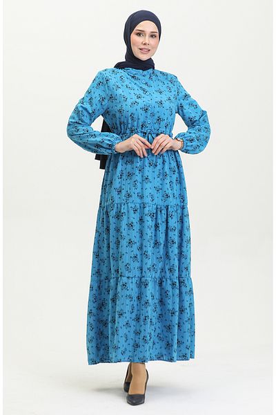 sefamerve Rochie albastră cu modele florale în talie adunată - 0398-06
