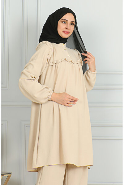 sefamerve Beige Aerobin Fabric Ruffle Tunic and Trousers Set - 1009-04