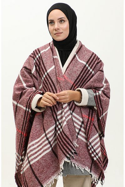 sefamerve Poncho cu model dungi roșii Claret - Model 2054-06