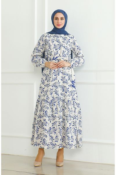 sefamerve Beigefarbenes Saks-Leinenkleid – gemustert und mit Gürtel 0471-04