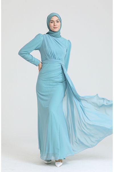 sefamerve Grünes plissiertes Abendkleid - 5736-15