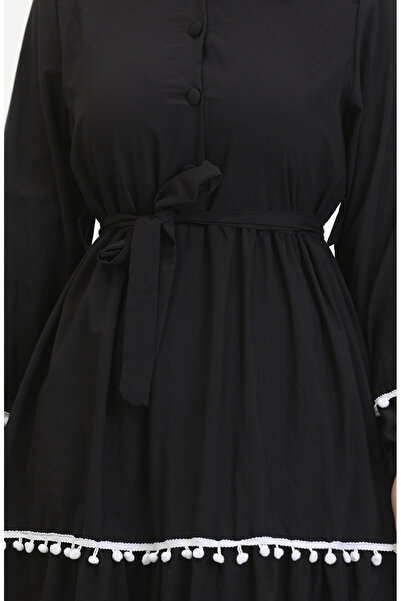 sefamerve Pon Pon Kuşaklı Elbise 0482-03 Siyah