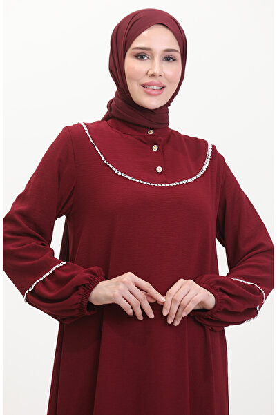 sefamerve Burgundy Embroidered Elastic Sleeve Dress - 0470-03