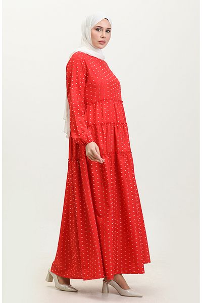 sefamerve Red Layered Dress - Pinch Pattern, Model 0371-02