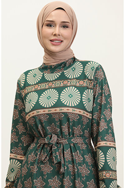 sefamerve Bahar Desen Elbise 0366-03 Zümrüt Yeşili