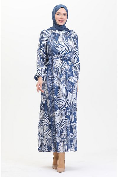 sefamerve Φόρεμα με ζωσμένο σχέδιο βισκόζης - Indigo White 0485-02