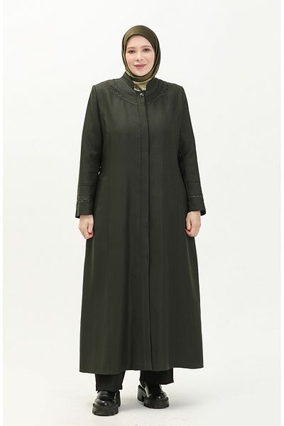 sefamerve Παλτό τσέπης Khaki Large Size 0470-06 - Διχτυωτό Λεπτομέρεια