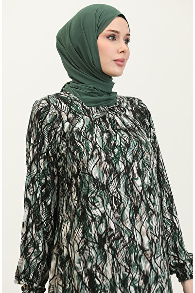 sefamerve Viscose Patterned Plus Size Dress - 44851M-03 Black Khaki Green