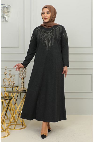 sefamerve Μαύρο Κεντημένο Φόρεμα Βισκόζης Plus Size - 4958-03